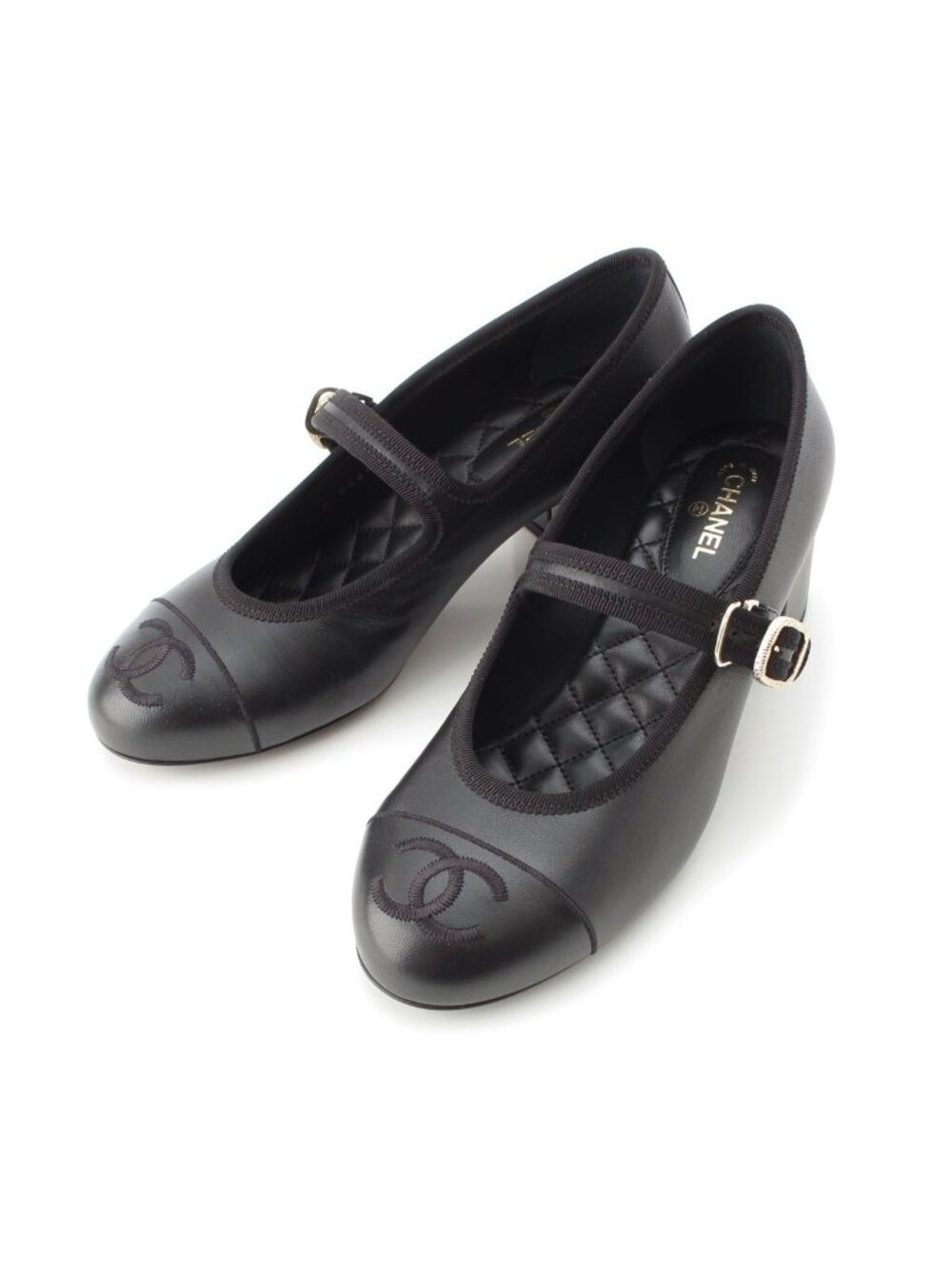 Chanel Ballerina Leather CC Logo Strap Heels Pumps Shoes Black 38C